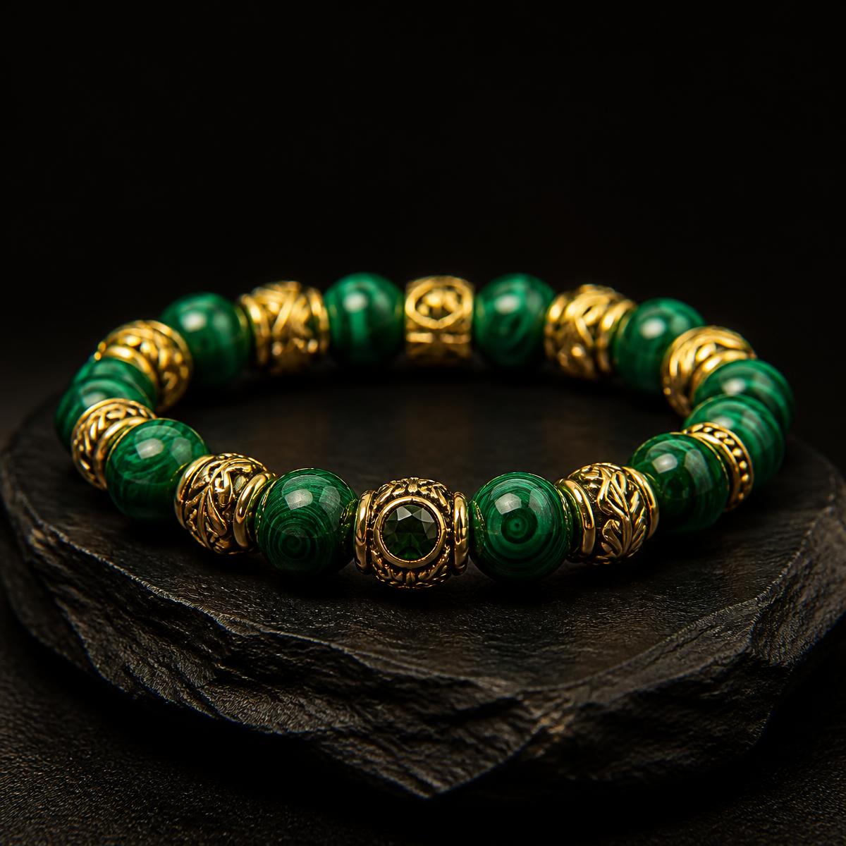 Green stone bead bracelet with gold spacers on black slate