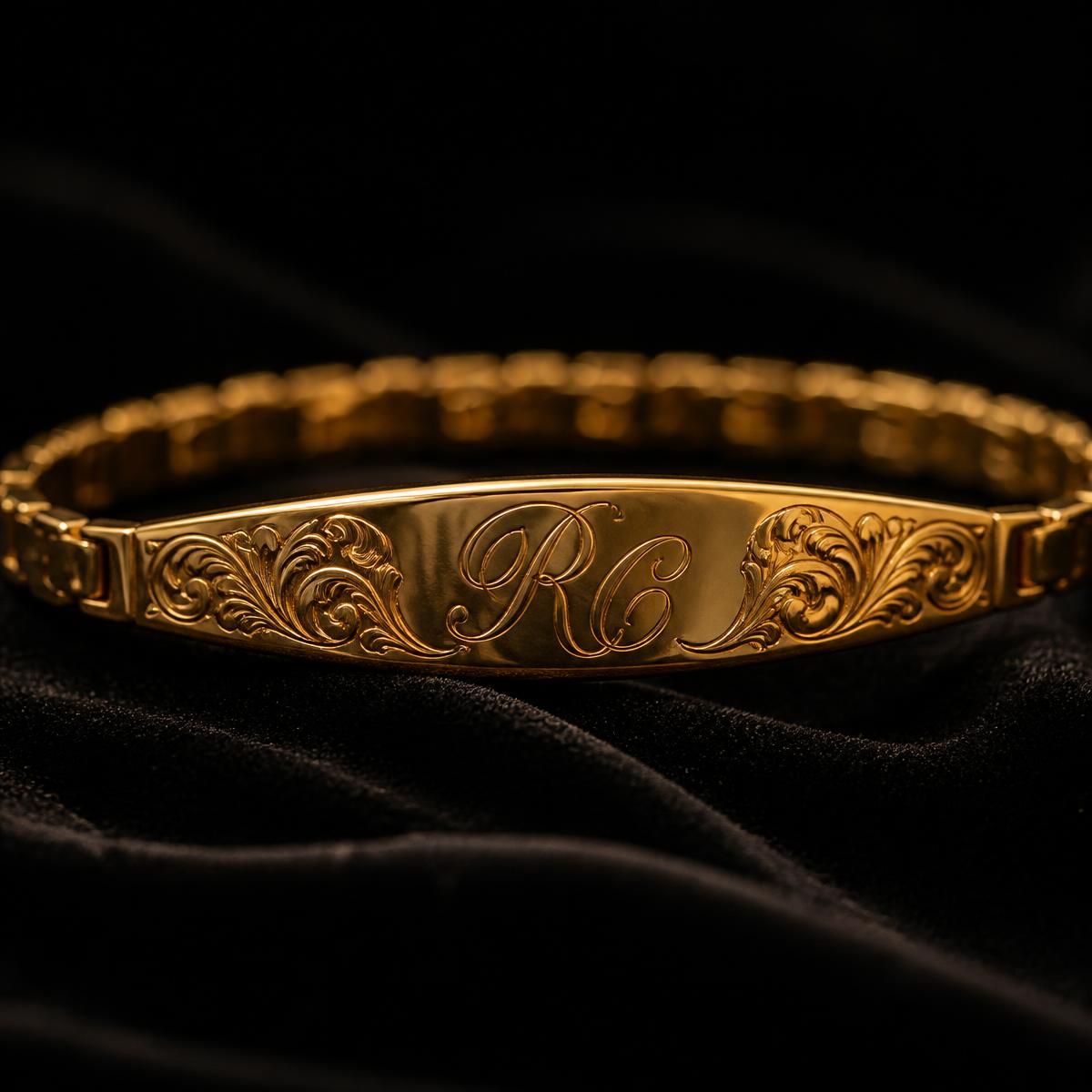Gold chain with rectangular tag pendant on black silk thumbnail 2
