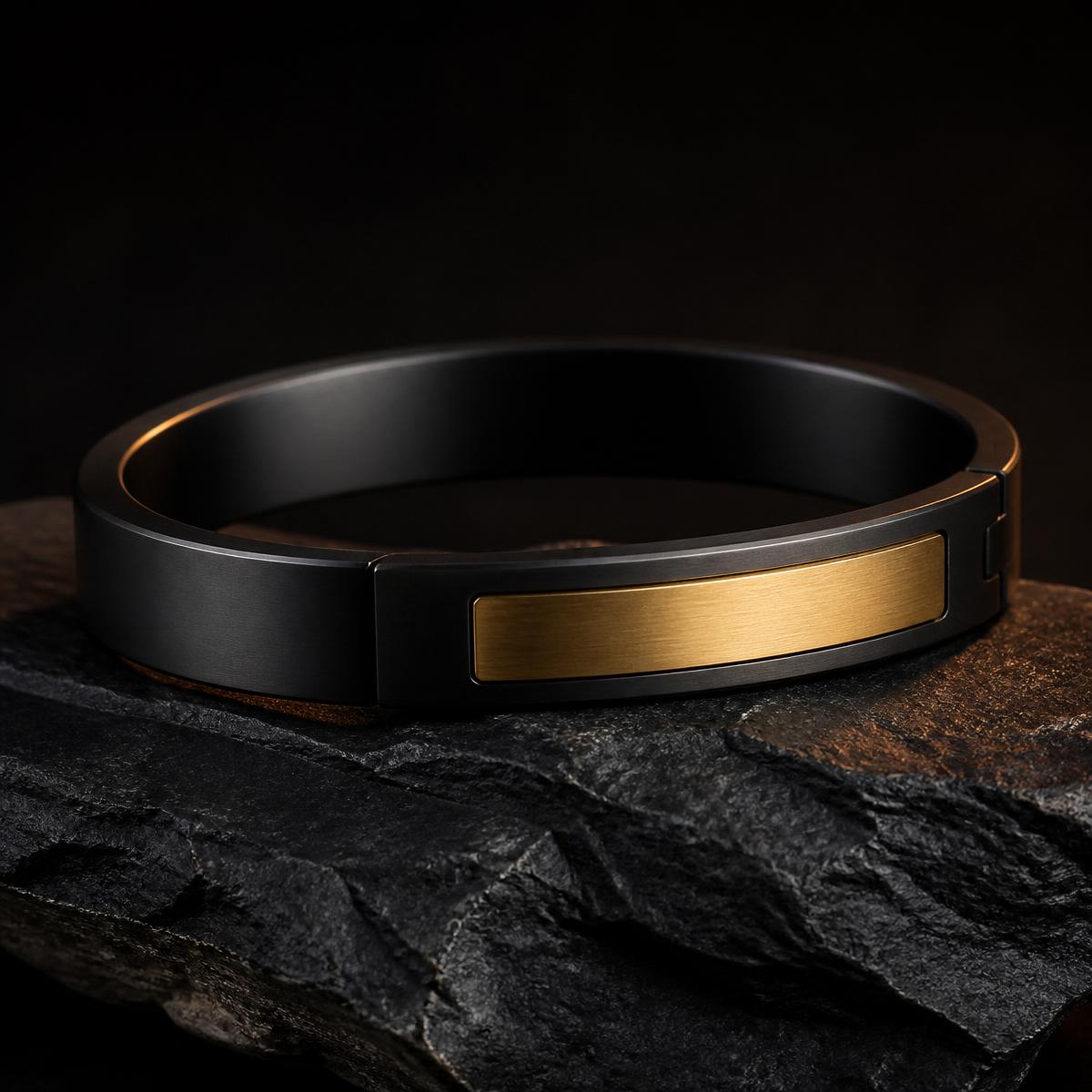 Matte black kada with brushed gold plate on dark stone
